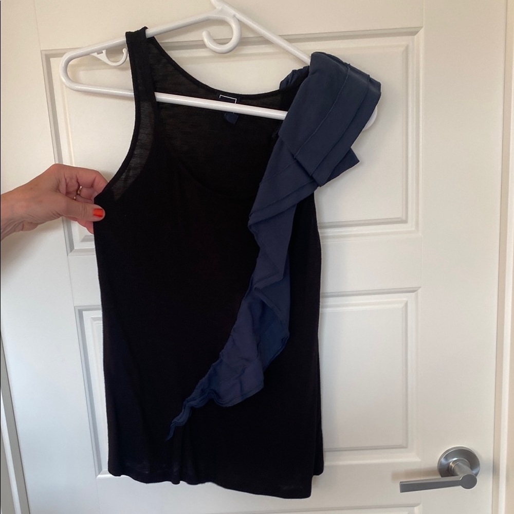 Anthropologie Black and Blue Asymmetrical Ruffled Tank Top